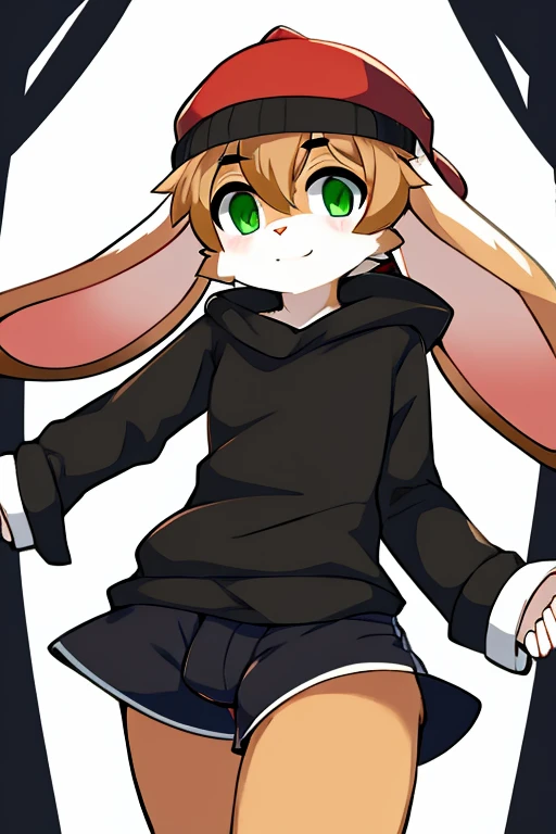 rabbit, floppy ears, white and light brown fur, green eyes , Red Cap, black sweater with white sleeves, shorts negros
