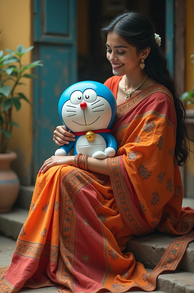 A woman tieing doremon in her saree
