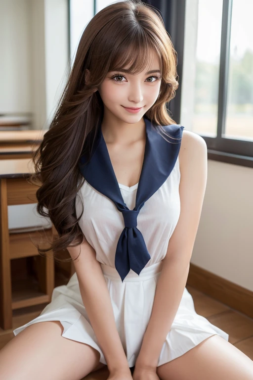 (超High resolution, masterpiece, Anatomically correct, Textured skin, Super Detail, Highest quality, High resolution, 8k, bloom, Front light), (Cute and sexy 18 year old schoolgirl, Sexy Face, Distant eyes, Gentle eyelids, Thin eyebrows, Gentle corner of the eye, Beautiful aquiline nose:1.4, It will totally charm you, Eyes that feel erotic, A taste of beautiful eroticism, Too cute beauty), (Brown Hair, Long Hair, Horizontal French Twist Hair:1.4, bangs), (Gal Makeup, eyeliner, Lip gloss), (Mid-chest, Slim proportions), (Looking into the camera, Photographed from the front:1.3, close), (Sleeveless sailor suit), (School, School room, Near large windows,Random Sexy Poses,whole body,sit,Spread your legs), (smile:1.2)