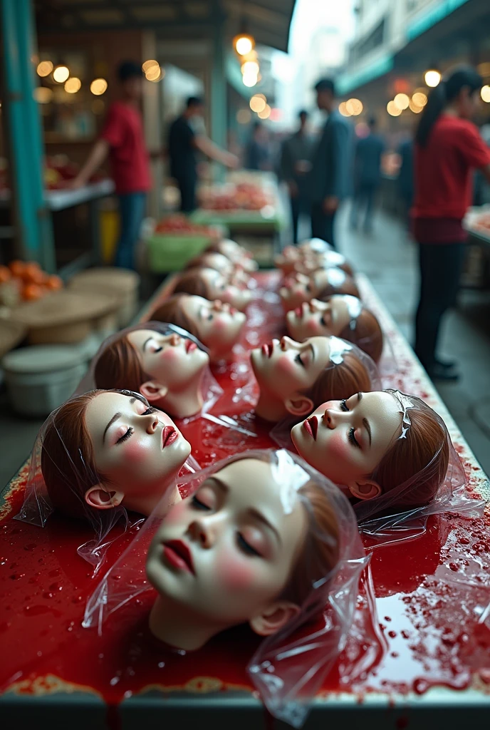 Several decapitated heads of beautiful women in transparent plastic bags, on a table, in a public market, full of blood, blood flowing, ((eyes closed)), bleeding, photorealistic, 4K, Nikon, horror, public market, beautiful asian face, pale skins,