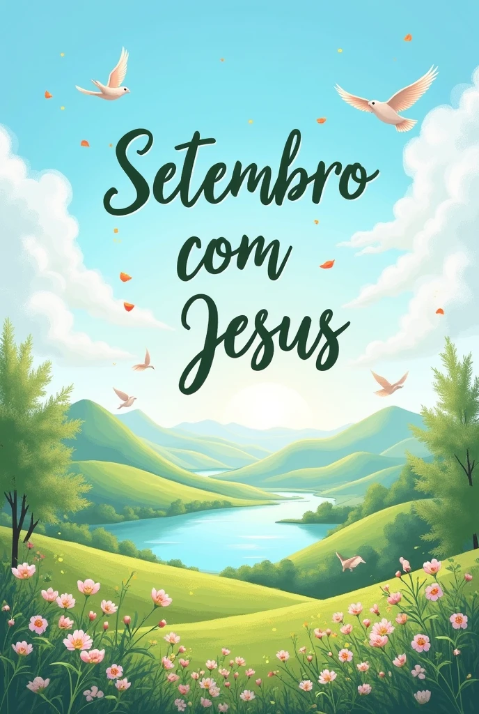 Make the cover for an e-book about devotional with Jesus, with the title “September with Jesus” the title needs to be in Portuguese on the cover it needs to be with a beautiful landscape that reflects rest with flowers, blue sky, birds
