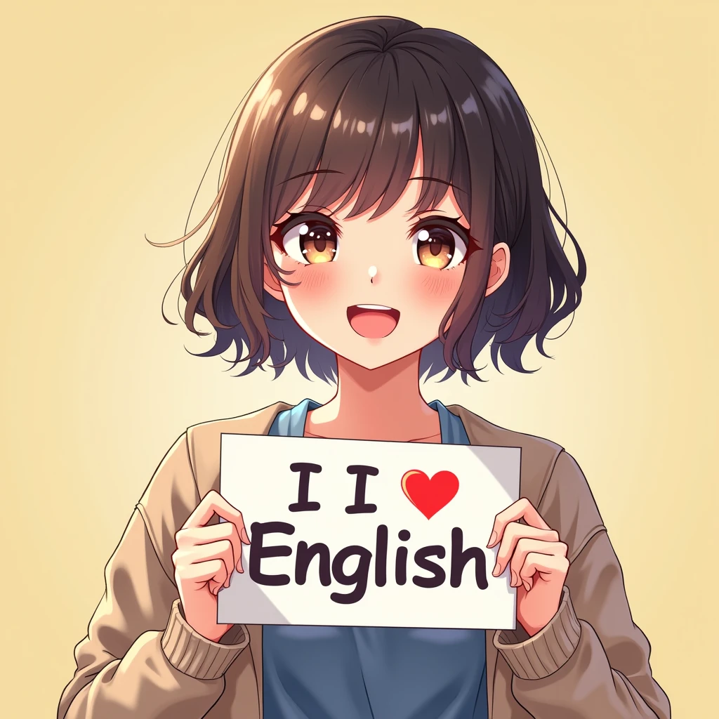 A beautiful and cute woman holding up a sign "I ❤ English.", Joyful, Happy, Anime illustration, Realistic, oil