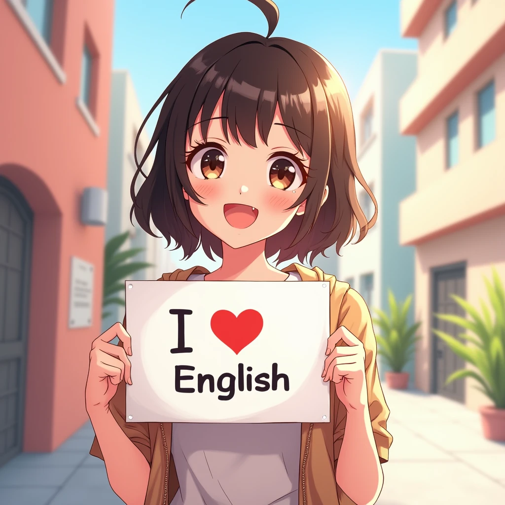 A beautiful and cute woman holding up a sign "I ❤ English.", Joyful, Happy, Anime illustration, Realistic, oil