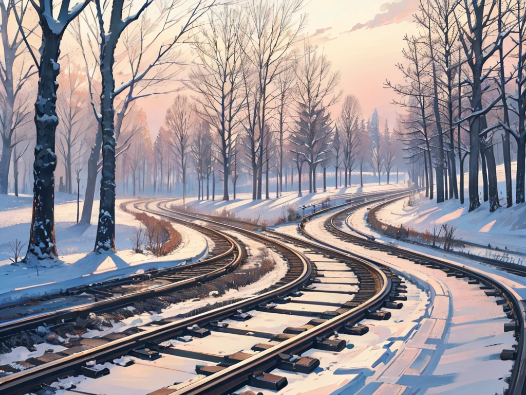 Tram tracks in the countryside, winter, forest visible in the distance, high detail, high resolution, high quality