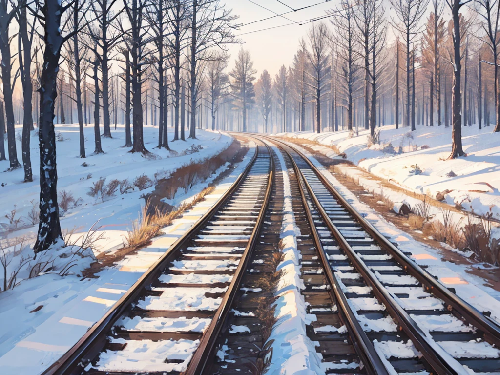 Tram tracks in the countryside, winter, forest visible in the distance, high detail, high resolution, high quality