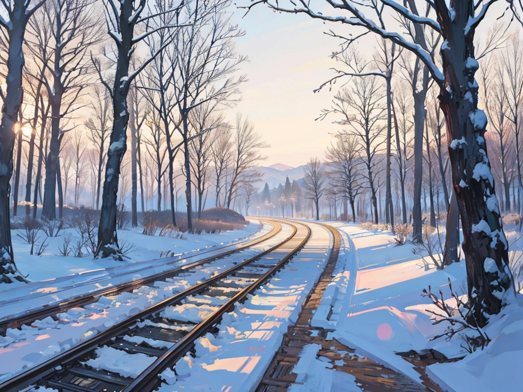 Tram tracks in the countryside, winter, forest visible in the distance, high detail, high resolution, high quality