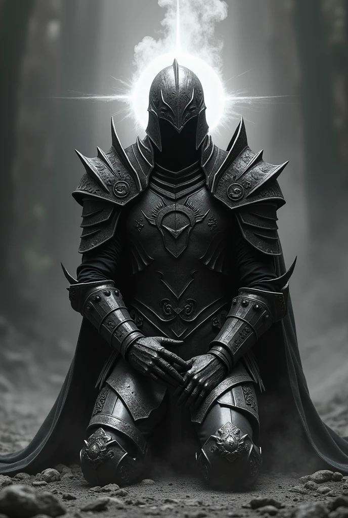 Make a paladin in black and white colors with a demonic aura with shading on the face But make him kneeling refusing to die and have the helmet be complete with protection on the face