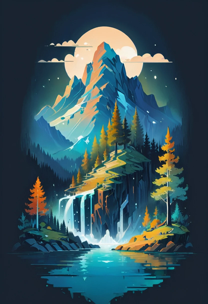 impressive painting of a mountain with trees and water, a detailed painting by Petros Afshar, shutterstock contest winner, environmental art, detailed painting, outlined art, 2d game art, isolated background for logo, strong contours, logo design