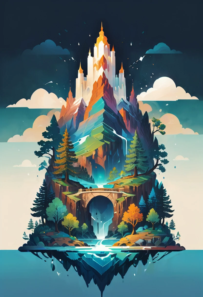 impressive painting of a mountain with trees and water, a detailed painting by Petros Afshar, shutterstock contest winner, environmental art, detailed painting, outlined art, 2d game art, isolated background for logo, strong contours, logo design
