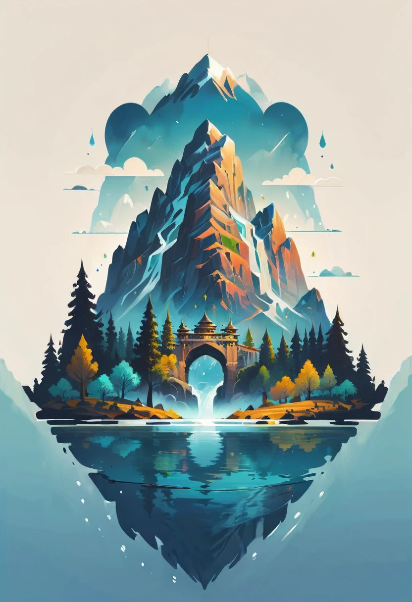 impressive painting of a mountain with trees and water, a detailed painting by Petros Afshar, shutterstock contest winner, environmental art, detailed painting, outlined art, 2d game art, isolated background for logo, strong contours, logo design
