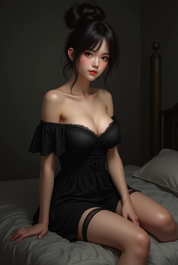  girl, (Bun Hairstyle). Wearing Black, off shoulder, cleavage, natural big breast, ((show big thigh, plump body)), sitting on the bed. Dark background. ((Wear black stocking, black garter)).