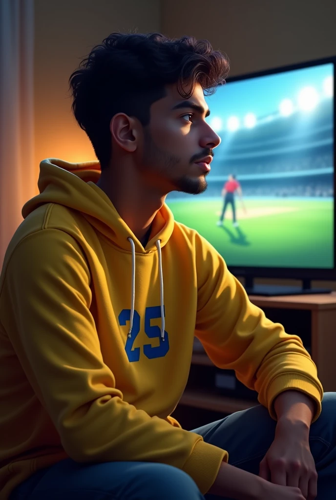 Image cricket watching in televisnion
young
Name Satyam jersey number 25 yellow hoodie side face handsome