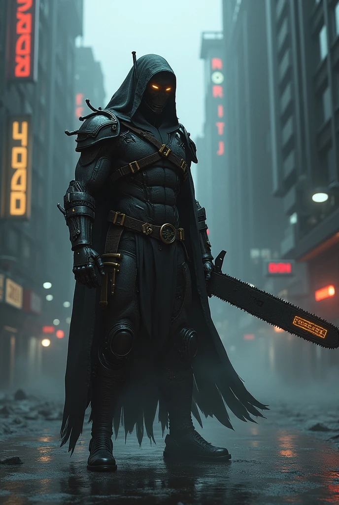 Dark_fantasy,cyberpunk,(chain saw,chain saw man,Red:1.1),1man,Mechanical marvel,Robotic presence,Cybernetic guardian,