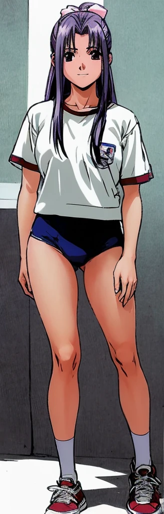 Momoko Koigakubo, a tall girl with beautiful legs, is wearing white gym clothes and light navy blue bloomers that look like panties, and is standing with her legs spread apart with a smile.。