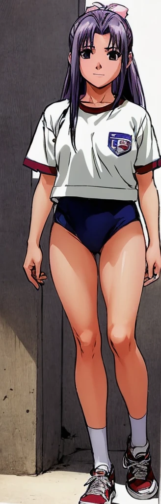 Momoko Koigakubo, a tall girl with beautiful legs, is wearing white gym clothes and light navy blue bloomers that look like panties, and is standing with her legs spread apart with a smile.。