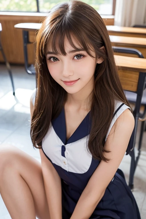 (超High resolution, masterpiece, Anatomically correct, Textured skin, Super Detail, Highest quality, High resolution, 8k, bloom, Front light), (Cute and sexy 18 year old schoolgirl, Sexy Face, Distant eyes, Gentle eyelids, Thin eyebrows, Gentle corner of the eye, Beautiful aquiline nose:1.4, It will totally charm you, Eyes that feel erotic, A taste of beautiful eroticism, Too cute beauty), (Brown Hair, Long Hair, Horizontal French Twist Hair:1.4, bangs), (Gal Makeup, eyeliner, Lip gloss), (Mid-chest, Slim proportions), (Looking into the camera, Photographed from the front:1.3, close), (Sleeveless sailor suit), (School, School room, Near large windows,Random Sexy Poses,whole body,sit,Spread your legs), (smile:1.2)