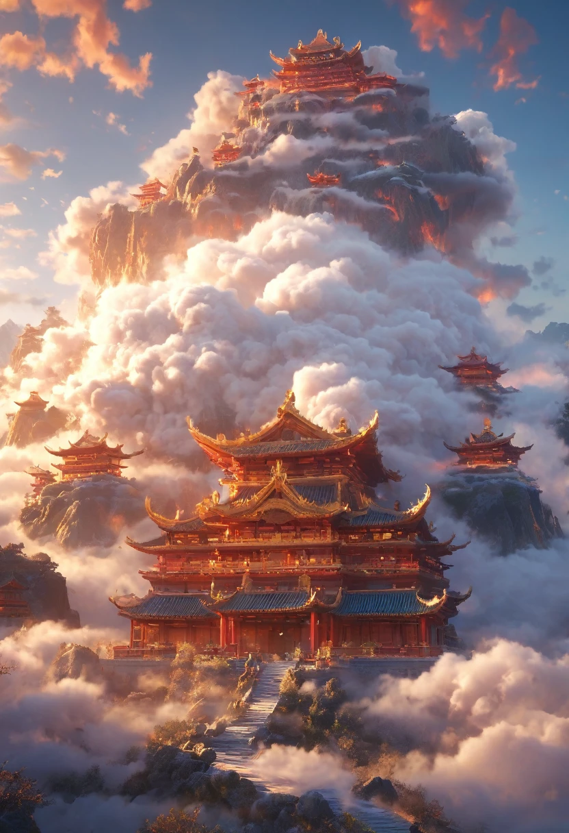 Dans un monde imaginaire, l'architecture traditionnelle chinoise, les moutons angora de feu, les nuages, le soleil, le ciel, les montagnes, les éclairs (haute qualité, 4k, haute résolution, chef-d'œuvre : 1.2), extrêmement détaillés, (réalisme : 1,37), couleurs vives, effets de brouillard, lumières dynamiques.