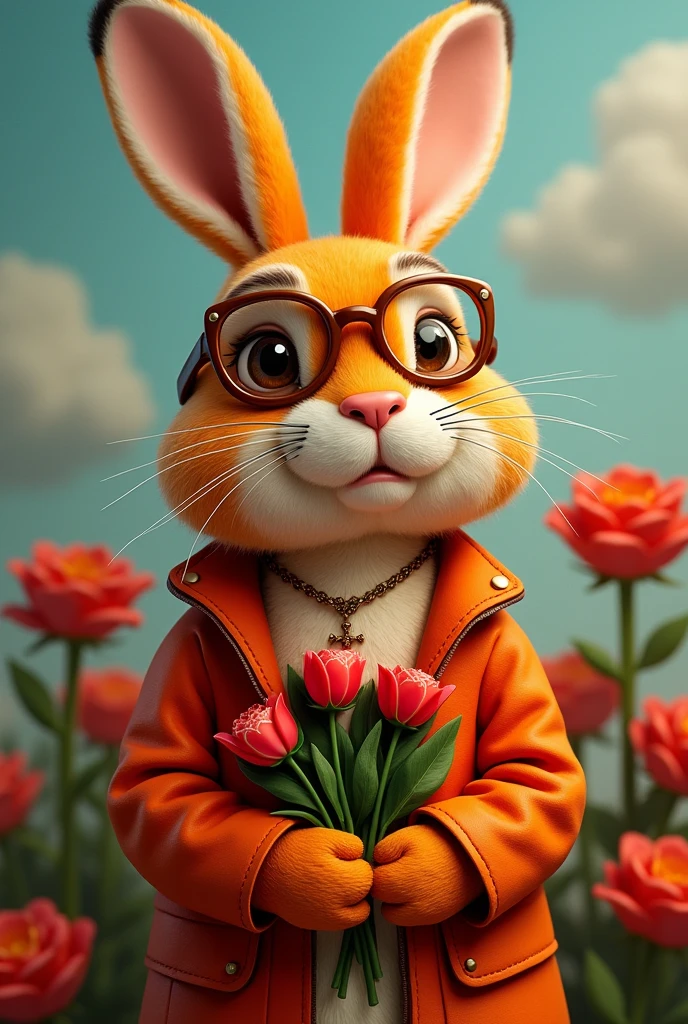Orange hare as if he were a tender airplane pilot, with a theme of Santa Rosa de Lima from Peru and bouquets of red roses and a cross necklace