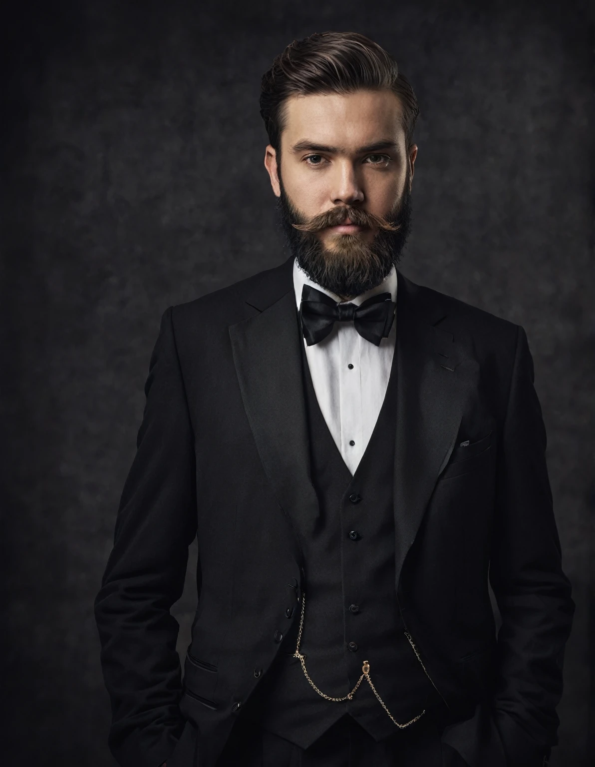 A bearded person dressed in formal attire, including a black suit and bow tie, which adds a sense of mystery or anonymity to the subject. The background is simple, which is typical of traditional portrait photography.