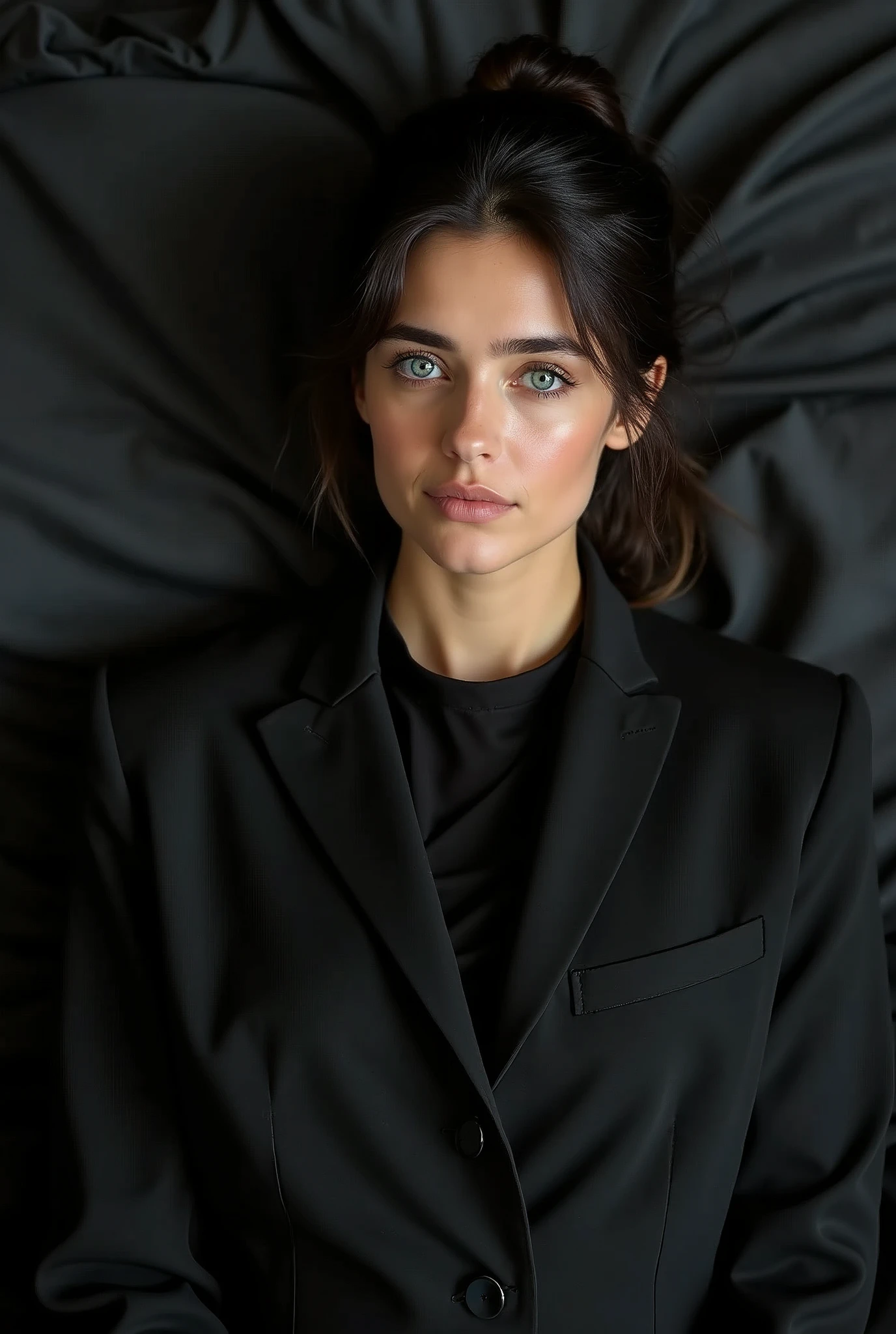 (détaillé), visage parfait, photo réaliste de beaux yeux fermés,25 ans, yeux bleus, , corps parfait, modèle à la recherche, photo réaliste d'une femme, Doré, couleur de cheveux noirs, perfect détaillé hands, perfect détaillé fingers, ((Meilleure qualité)), (sourire:1.2) light yeux bleus, incredible yeux bleus, détaillé, photographe_\( ultra\), .(( elle est allongée sur un lit noir possédée sexuellement par un homme derrière elle, elle fait l’amour par derrière by a man, ))Ses cheveux noirs sont coiffés, un élégant chignon.,. (( elle est la reine du sexe et ne peut pas vivre sans faire l’amour,) elle porte un magnifique grand manteau en tissu noir , elle fait l’amour par derrière, la photo est magnifique