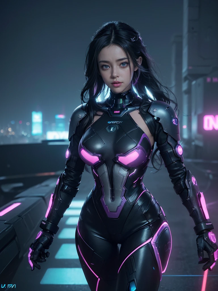 Best image quality, Masterpiece, Ultra-high resolution, (Fidelity:1.4), Photo,  Movie, ((cyber punk personage)),  fairy goth robot, Mila Kunis, black wavy hair with blue and purple neon lighting, cyber outfit, Futuristic, ((Award-winning ultra-realistic photos))，(Hyper-detailing），(Complicated details），(High resolution CGI artwork 8k), a AMBER HEARD in Cyberpunk city,Futuristic style,There are many colors and LED light,depth of field,create depth with atmospheric lighting,wide wide shot,use atmospheric and volumetric lighting to enhance cityscape detail,illuminated by neon lights, Pastel textured colored background, Colourful, vibrant