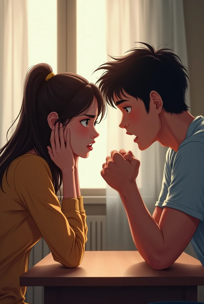 A couple in their 20s sitting at a table arguing. The woman looks down. The man looks at the woman.
