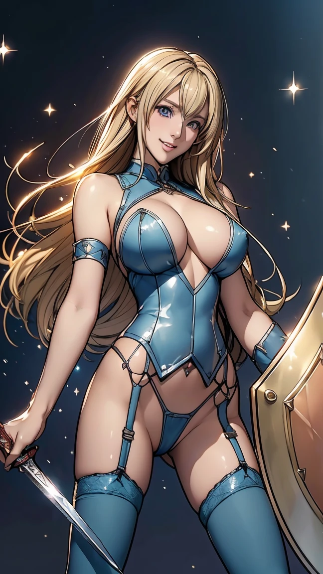 Browsing Caution,Sensual, Long blonde hair, Thick thighs, 8k, 4K, Highest quality, (High resolution:1.6), Cute anime face, Noise Reduction,short hair,Flaxen Hair、 Spread your legs, (Sparkling Blue Eyes, A kind smile:1.3, Kind eyes:1.ung Face, Anime Eyes, Asheria、(Sword in right hand:1.5)、(Equipped with a shield on the left arm:1.5)、(SFW Giant:1.9)、Large areola, Puffy nipples:1.3、Long tights、Knee-high boots、(garter belt:1.5)、Beautiful Hands、Beautiful fingers、(High cut thong:1.5),squat,