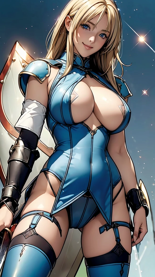Browsing Caution,Sensual, Long blonde hair, Thick thighs, 8k, 4K, Highest quality, (High resolution:1.6), Cute anime face, Noise Reduction,short hair,Flaxen Hair、 Spread your legs, (Sparkling Blue Eyes, A kind smile:1.3, Kind eyes:1.ung Face, Anime Eyes, Asheria、(Sword in right hand:1.5)、(Equipped with a shield on the left arm:1.5)、(SFW Giant:1.9)、Large areola, Puffy nipples:1.3、Long tights、Knee-high boots、(garter belt:1.5)、Beautiful Hands、Beautiful fingers、(High cut thong:1.5),squat,