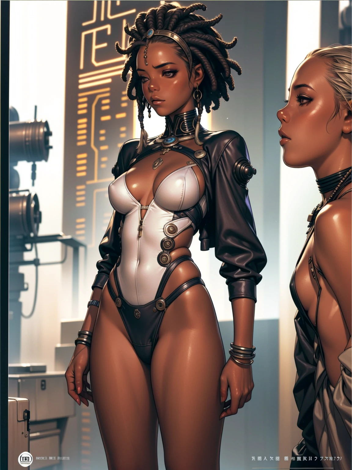 (((black girl))), african girl, (((skin black, darkskin))), Neon genesis evangelion, afro girl, Zulu warrior, African bracelets and necklaces, skin black, cybernetic hands, red futuristic short clothes, green and black, african savannah, sculptural body muscular definido, all-body, coxas nuas, cloused mouth, body covered in cyberpunk clothes, ((perfect medium breasts)),  (super light brown eyes), ((afro hair)), (((cabelo preto e branco com dreadlocks)))), long black eyelashes heavy makeup, various African jewels, naked legs, by mucha, private--V5, close to real, psychopath, pose sexy, fundo african savannah, 2 piece outfit, cake, centred, scale to adjust dimensions, HDR (high-range dynamics), ray tracing,nvidia RTX,Super-resolution,Irreal 5,subsurface scattering, PBR Texture, Post-processing, Anisotropic filtering, Depth of field, Maximum clarity and sharpness, Multilayer textures, Albedo and Specular Maps, Surface shading, Accurate simulation of light-material interaction, perfect proportions, octane rendering, two tone lighting, large aperture, Low ISO, White balance, rule of thirds, 8K CRU, ssmile, (((standing alone:1.2))),(((1 girl:1.2))),((((beautiful perfect woman)))),(((detailed perfect body, perfect finger detailed))),((((((final film poster)))))),(((to burst, close up))),((((detailed complicated machine)))),(((((mechanical genius))))),(((American comics))),(((extreme highlights))),(((extremely colorful, primary colours))),neckleace, super beautiful lady,(((Typography))),text, (Unbeatable masterpiece), (hiper HD),(CG 8k hyper-realistic), (((brave face))), (((breasts big))), (((hyper feminine))), (((musclegirl))), sexy girl, king of fighter,（straight hair with thin braids)), ((( sculptural body ))), (((1 girl))), 25 year old girl with perfect body,,Beautiful and well-groomed face,muscular body:1.2,solid color detailed jacket, (Head to thigh photos)