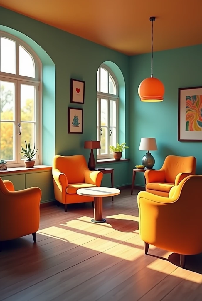 an entertainment space for seniors with stimulating activities in bright colors, and a cozy place
