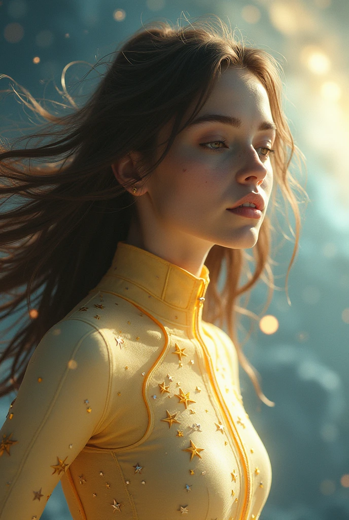 She is a beautiful space traveler, her skin color is white with wavy hair, the color of her space suit is light yellow with star designs on it..