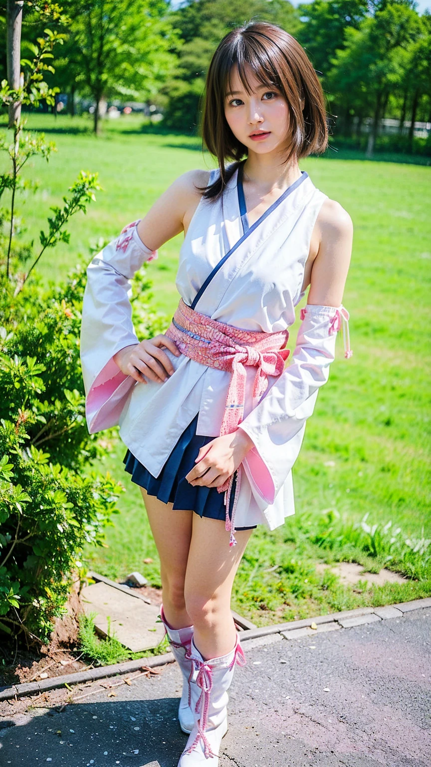 (8k、RAW Photos、Highest quality、masterpiece:1.2)、(Realistic、Realistic)、1 girl、((Long-sleeved kimono、white、pink、navy blue、Shoulder visible、Breast enlargement、boots、ribbon、garden、Thin legs、mini skirt、whole body、View from the front、Looking into the camera、Stand with hands on hips))、cute