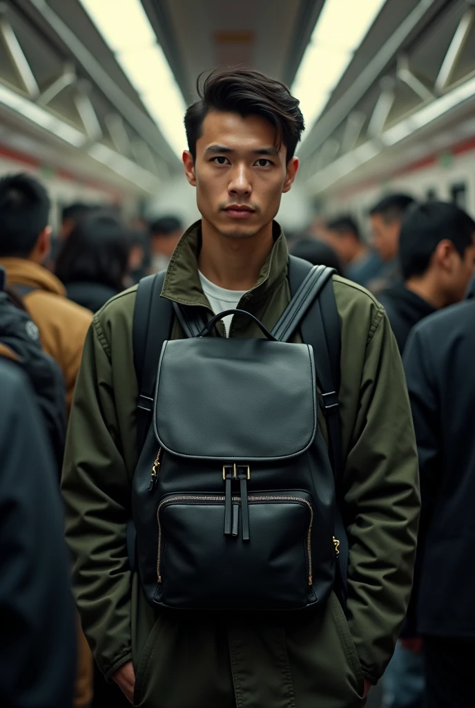 A person travelling in local train and standout around a lot of people. Give me the front view and a person should wear a black leather backpack 
In the image person should looking confident 
In the picture a person should come in front of me
Convert the person to 180°. The bag he wear it has no details it should a plain backpack.  The zip of the backpack is also not visible in the image. The chain of the backpack and zip should not visible it look like an anti theft backpack so that's why all zip are not be visible