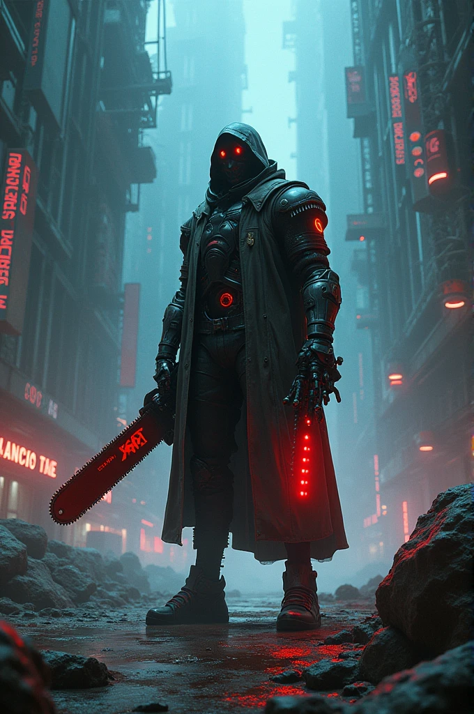 Dark_fantasy,cyberpunk,(chain saw,chain saw man,Red:1.1),1man,Mechanical marvel,Robotic presence,Cybernetic guardian,
