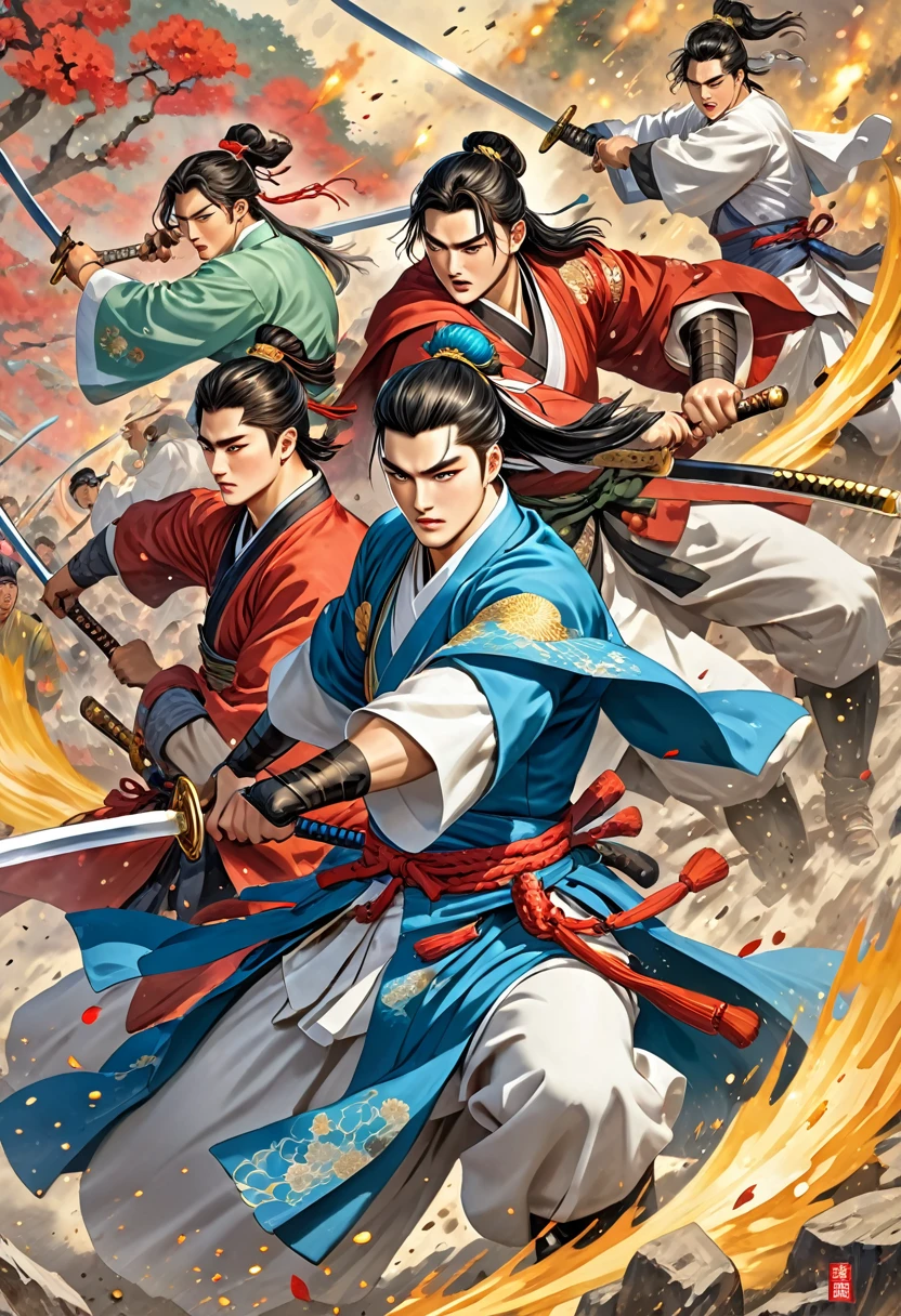 aenimeiyeon , JoJo, Zhuge Liang, oiling, handsome, 3 people, sweet boy, young man, battle, The Great War, weapon, They fight each other with swords, Three Kingdoms of the jeogbyeogdaejeon,