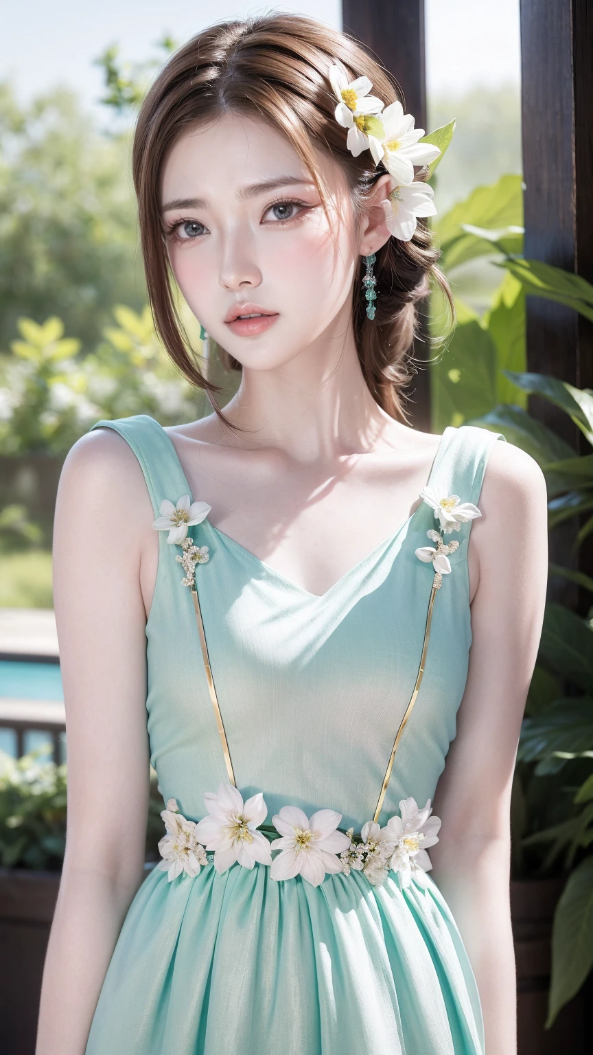 (masterpiece:1.2), (Pale skin:1.2), (alone:1.2), (woman:1.1), (Highlighted lines:1.3), blue eyes, Gradient Eye, Green Eyes, (Brunette:1.3), (Put flowers in your hair:1.1), Exposing shoulders, Scapula