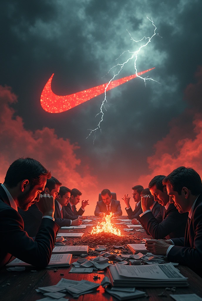 Create a hyper-realistic image depicting a catastrophic 50% drop in Nike's stock market value, symbolizing a severe and apocalyptic market crash. The atmosphere should be dark with the nike logo, ominous, and diabolical, evoking a sense of overwhelming crisis. The background should be a gloomy, stormy sky with swirling dark clouds and flashes of lightning, casting an eerie glow over a shattered stock market graph that shows a dramatic plummet.
In the foreground, show a group of high-ranking Nike executives in disarray, their expressions a mix of fear, panic, and despair. Their eyes should be wide with terror, some clutching their heads in disbelief, others frantically trying to salvage what they can. The surroundings should include burning stock certificates and crumpled financial reports scattered across a large conference table, with a large Nike logo that is cracked and crumbling.
Subtle details should include dark shadows looming over the executives, suggesting an almost supernatural force behind the crisis. The overall color palette should be dominated by deep reds, blacks, and grays, enhancing the atmosphere of doom and destruction. The image should capture the intensity and chaos of the situation, making it clear that this is a catastrophic event with dire consequences.