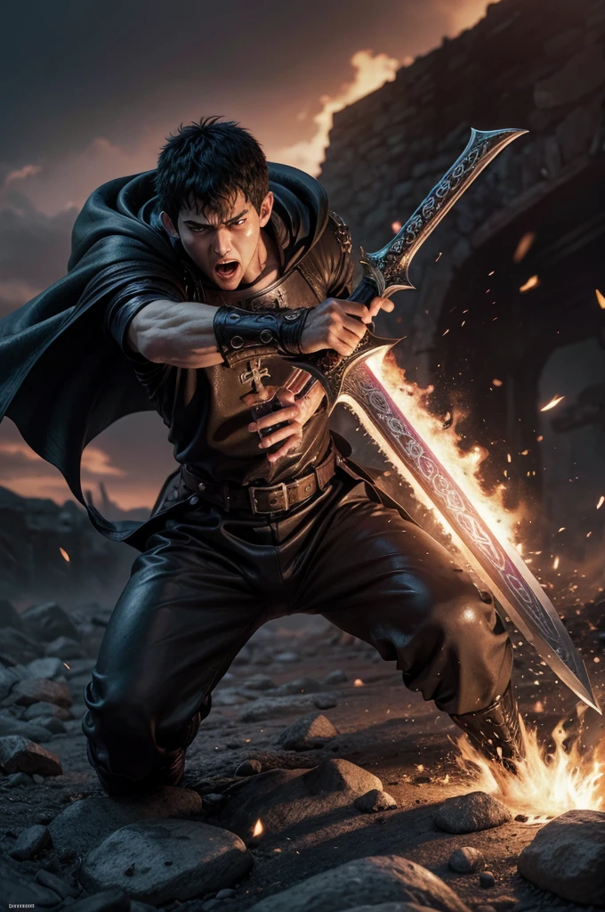 Guts do manga Berserk, guts is angry,guts is holding his greatsword,guts is killing demons