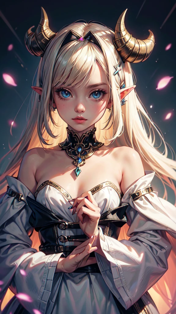 1 girl, adult woman, Alone, g0ld3mb, air, (platinum blonde hair) hair, hime cut, (kawaii hair clips:1.2) high quality, Best Quality, high resolution, High detail, (airen aura magic), hair uplifted, horns, detailed hands, detailed face,detailed eyes, elf woman, neon colors