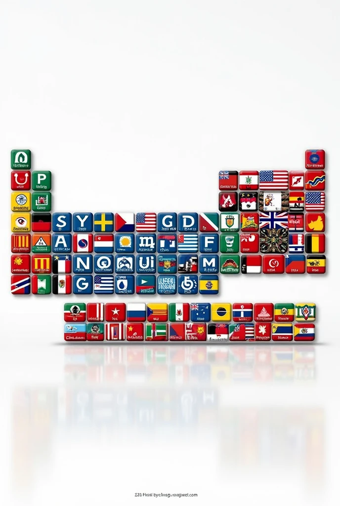 Make a periodic table with countries with the initials of the countries in place of the initials of the chemical elements and with the flags of the countries and with the initials of the countries that begin with the same initials as the chemical elements.