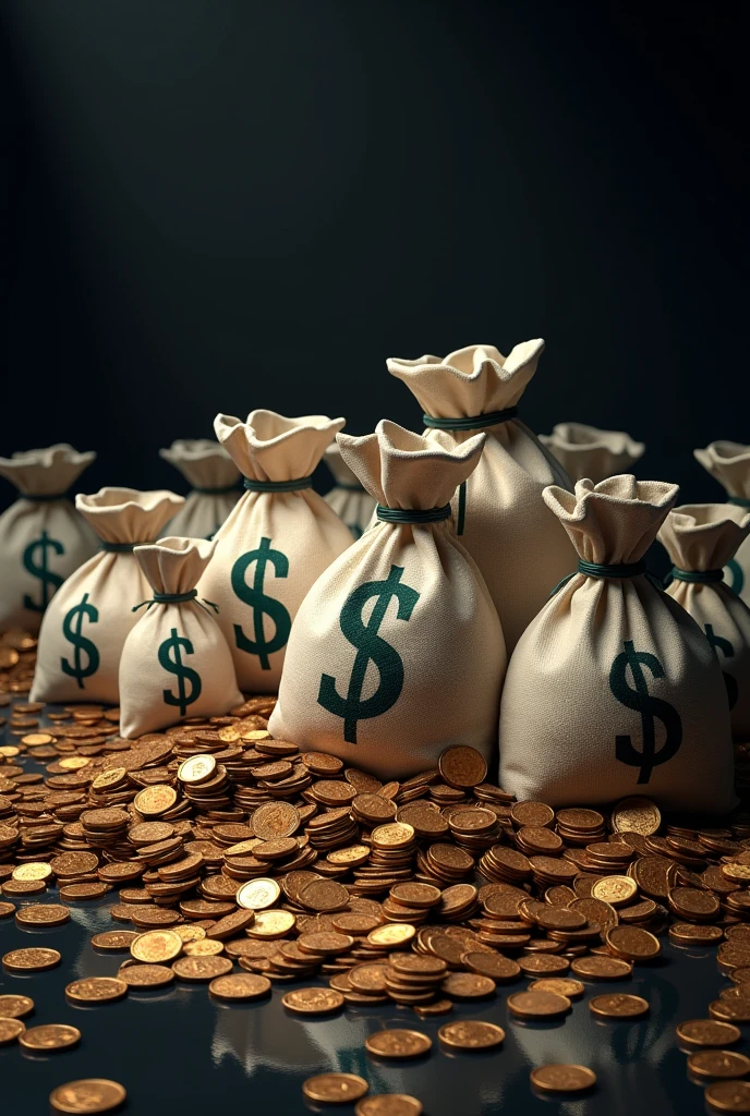 Generator 2D image of, a lot of money bags and a lot of money and coins in a black background ,in landscape Mall