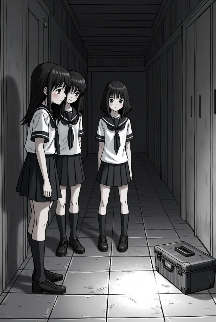 Comic like sketch of three school girl wearing uniform and staring at one tile of the floor at night in the school corridor and beside them there is a tool box and black and white colour and girls are different they are at some open space at 2 nd floor of school