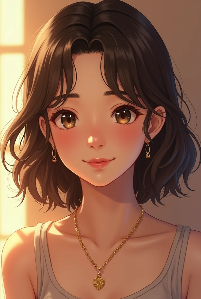 The head of a smiling teenage girl. She is light brown with mid-length hair.. She wears a golden chain. His eyes are gray.