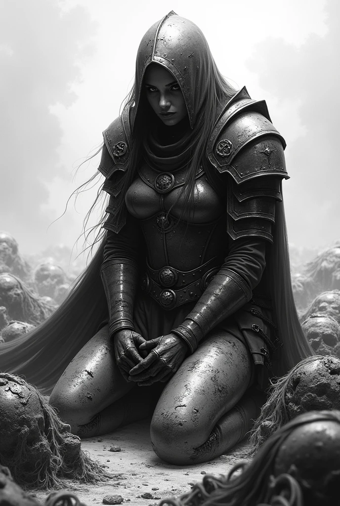 Make a paladin in black and white colors with a demonic aura with shading on the face But have her kneeling refusing to die and have the helmet be full with face protection but make the armor look battered and have bodies found around
