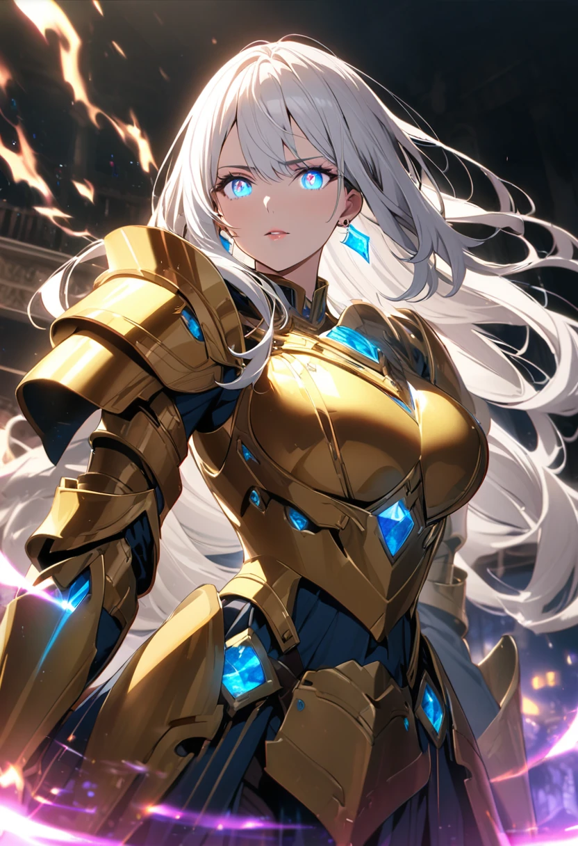 woman, blue eyes, long hair, white hair, mature, diamond earings, beautiful, beautiful color, holo, light aura, glowing eyes, golden armor