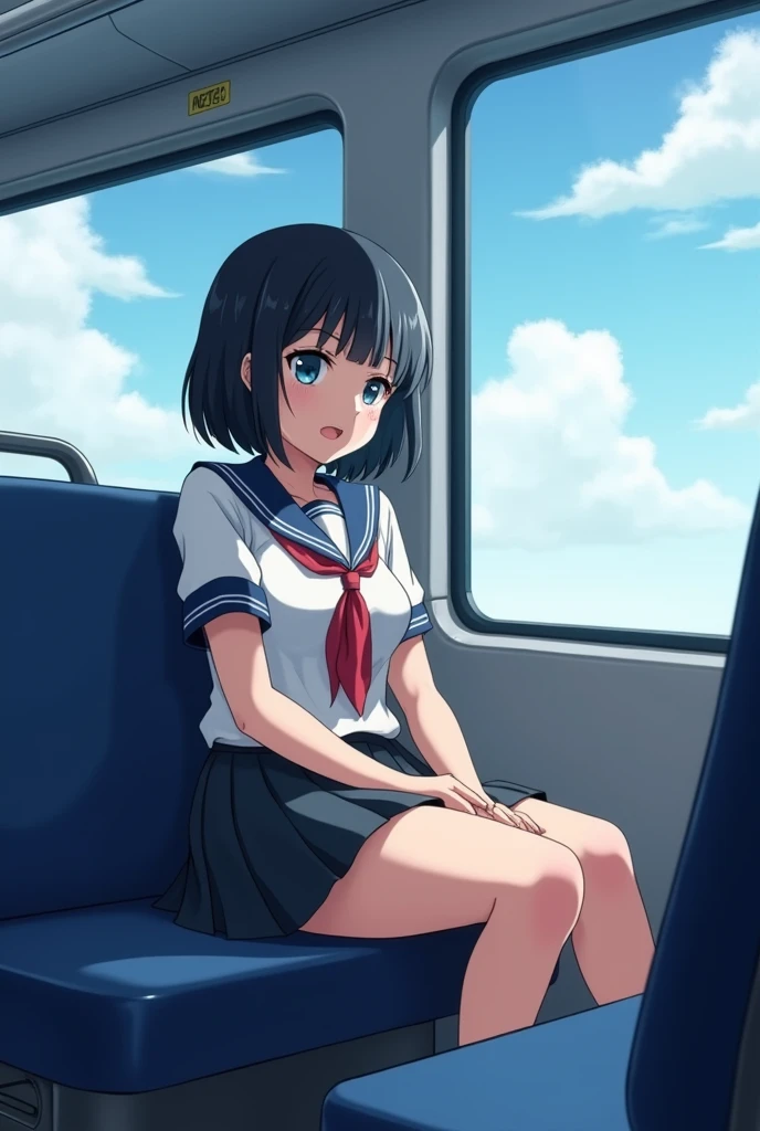 an anime woman with short completely black hair, blue eyes, wearing a school uniform with a small blouse and with a very developed body and large proportions old woman sitting on the bus seat next to me, then she got up and went to look at the window and the mark of her butt was on the bench where she was sitting