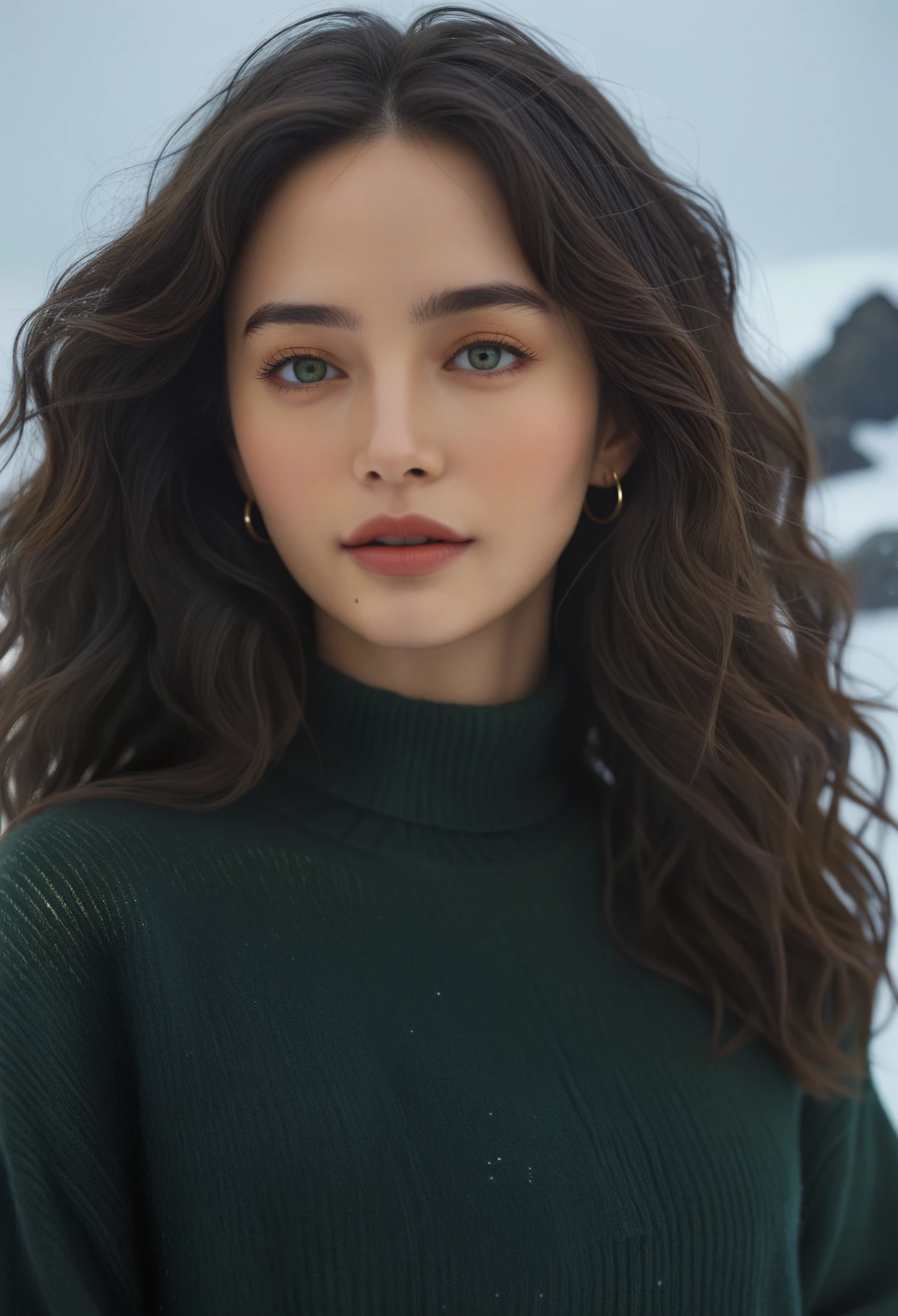 1 girl in a green park, detailed beautiful face, detailed eyes and lips, long eyelashes, oversized sweater, dark wash skinny jeans, ankle boots, loose waves, center part, simple hoop earrings, (best quality,4k,8k,highres,masterpiece:1.2),ultra-detailed,(realistic,photorealistic,photo-realistic:1.37),studio lighting,vivid colors, Yaiba, Antarctica, snowstorm