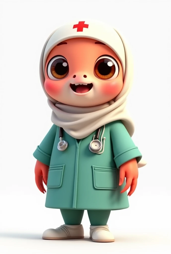 "A cute and animated icon character of a shrimp with human-like features for Pusat Kesehatan Masyarakat Urangagung. The character has large, round brown eyes similar to those seen in cartoon animated films. Its arms resemble shrimp claws but have human-like fingers. The legs are human-like, wearing white shoes, kulot pants, and a doctor’s coat in teal green. The character's head is large, wearing a white hijab with a red cross logo. A stethoscope hangs around its neck, and there is a pen in the doctor’s coat pocket. The character also wears a cute green wristwatch. The skin color is a light reddish-white."
