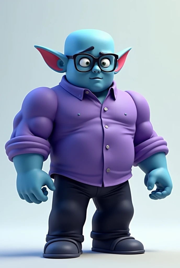 A bald guy, blue skin tone, wear glasses, no ears, wears purple shirt, black pants, muscular, Roblox style