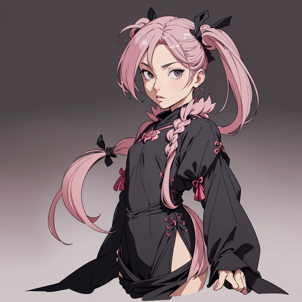 (masterpiece), (best quality),(portrait),1girl,solo,(sharp focus),(look at viewer), sazanami, two side up,twin tails,rose pink hair, flat chest, full body view,ancient long clothes,black outfit,rogue outfit,black ribbons,old school fantasy art,((simple background)),(gray background),